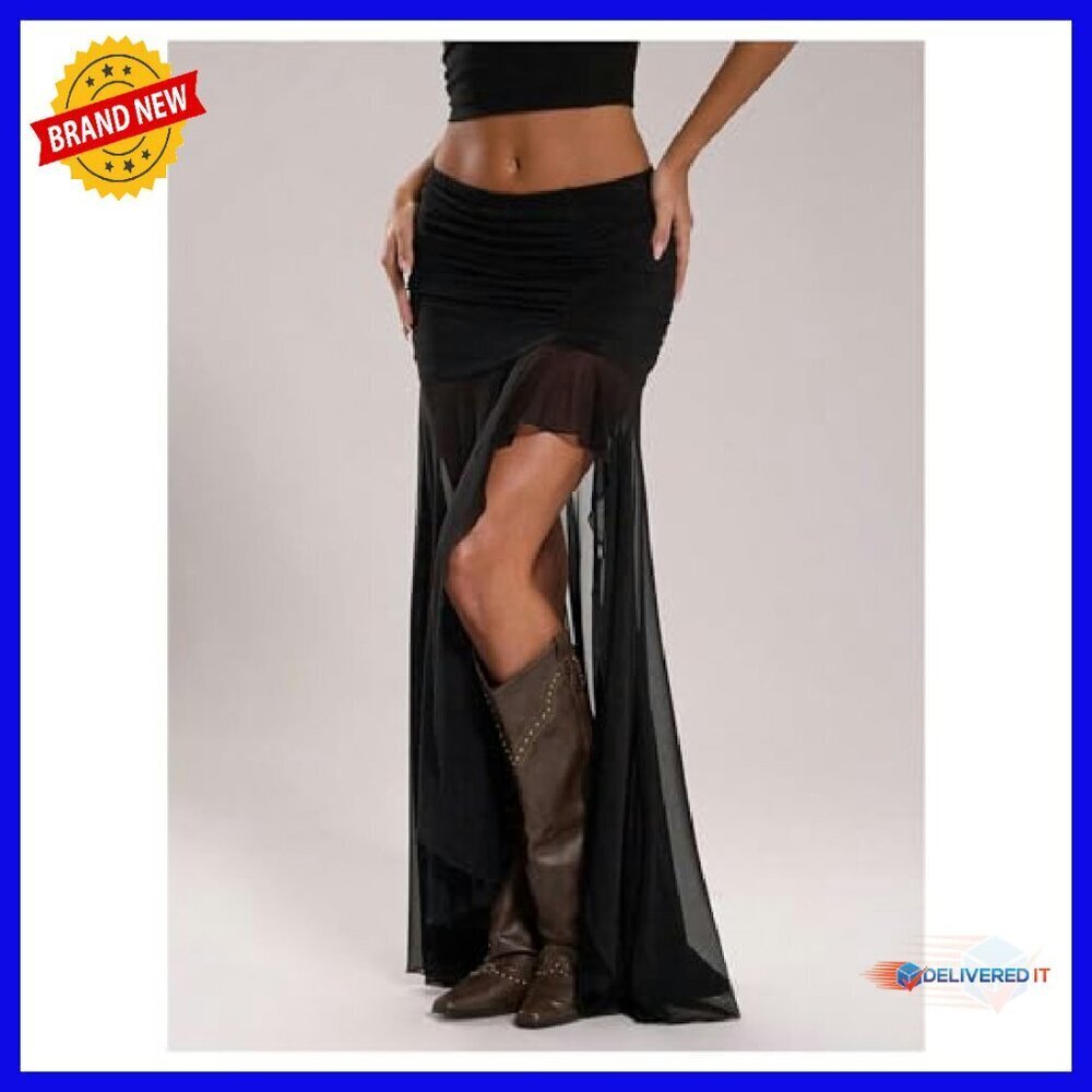 Sheer Mesh Pleated Maxi Skirt Split Thigh Asymmetrical Bodycon - Picture 5 of 6